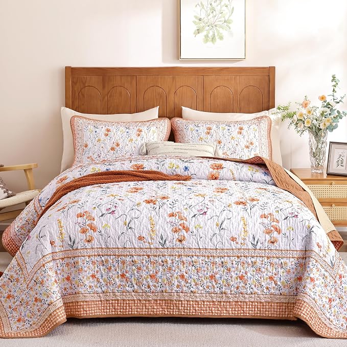 WONGS BEDDING Fall Quilt Set Queen, Microfiber Lightweight Farmhouse Bed Quilt by WONGSBEDDING