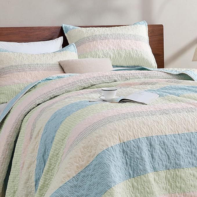 King Size Quilt Set Blue Pink - Image 9