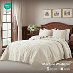 Light Beige Damask Quilt California Cal King Size Bedding Sets - Image 2