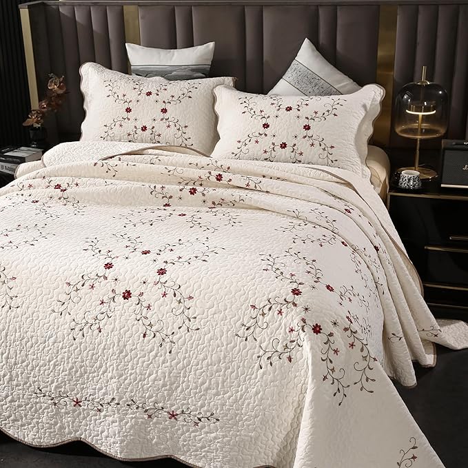Quilt Set Full Floral Leaves 3D Embroidery Pattern 3-Piece Cotton Blend | by ROOMLIFE
