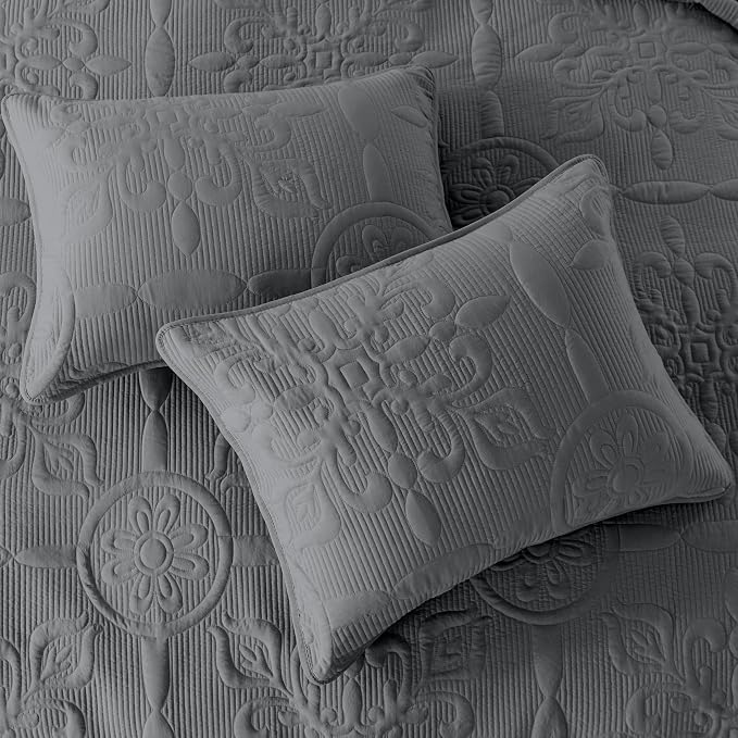 Dark Grey Damask Quilt Queen Size Bedding Sets - Image 5