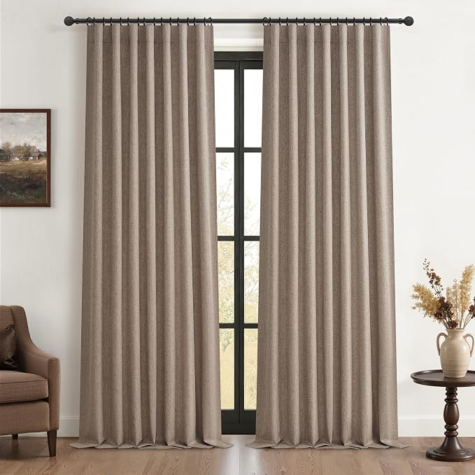 Dark Flax Black Out 108 Inch Long Boho Curtains 2 Panel Set, Farmhouse Curtain by QJMYDECO