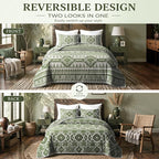 akkialla Reversible Green Boho Queen Quilt Set, 2-Piece Bohemian Aztec - Image 3