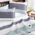 Queen Quilt Bedding Set Sage Green, 3 Pieces Striped Bedspreads | Patchwork - Image 3