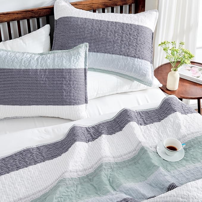 Queen Quilt Bedding Set Sage Green, 3 Pieces Striped Bedspreads | Patchwork - Image 3