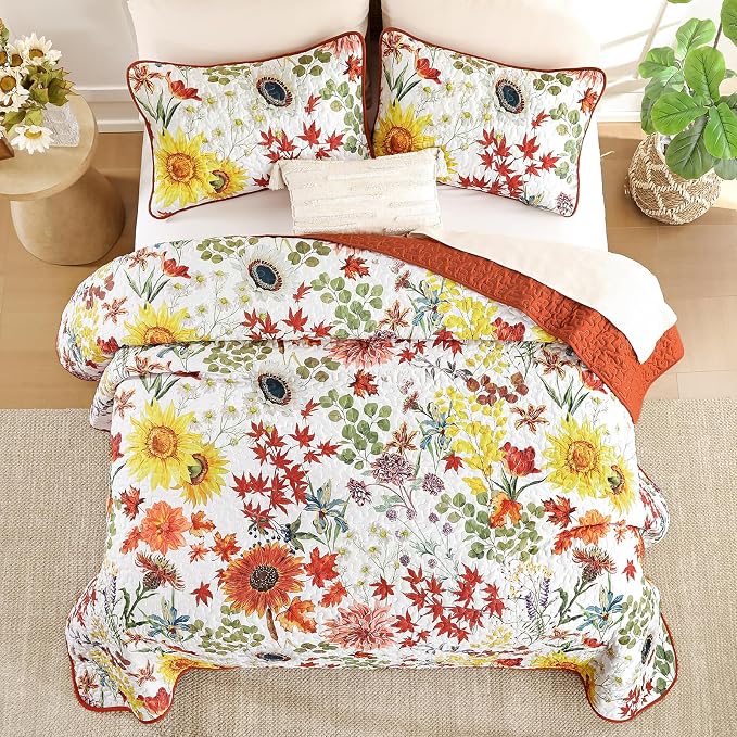 Yiran Fall Floral Quilt Set King Size, Microfiber Coverlet - Image 4