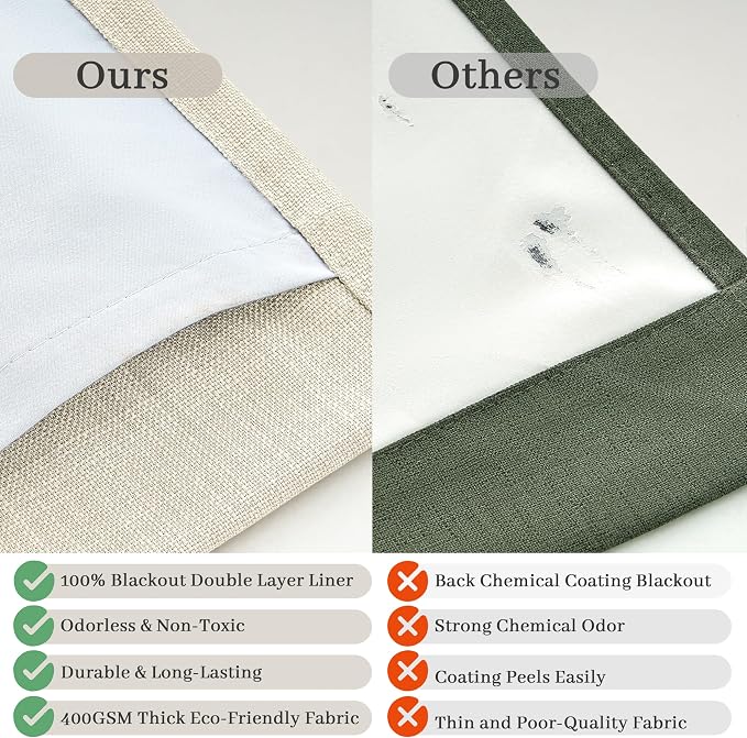 Light Beige Natural Linen Blackout Curtains 90 Inches Long 2 Panels Set - Image 5