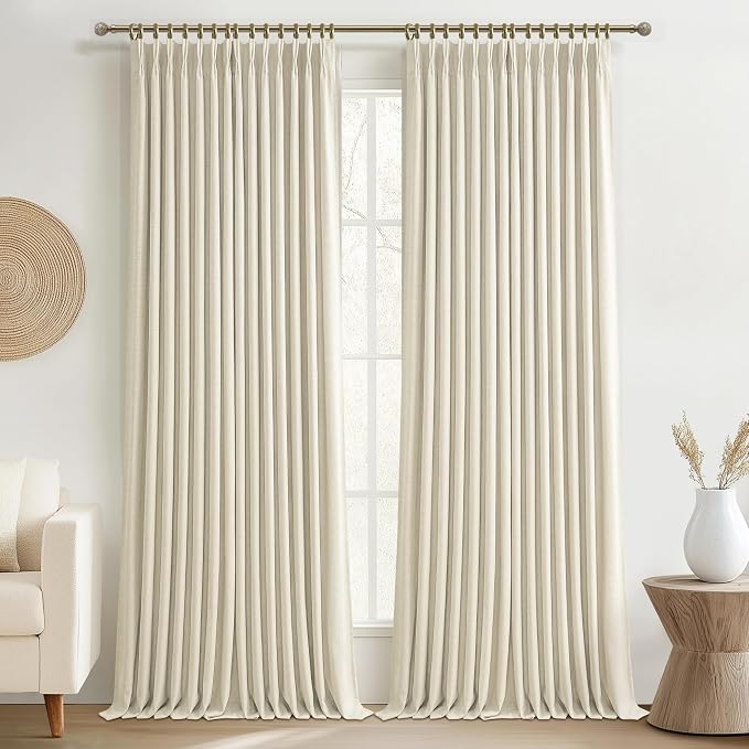 Blackout Memory Trained Pleated Linen Cream Beige Curtains 96 Inches Long by PleatedDrapes