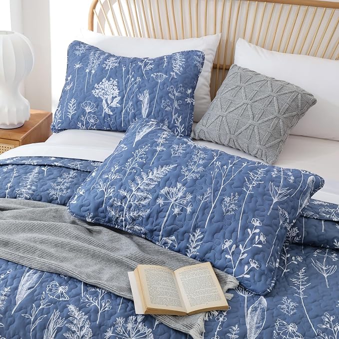 JANZAA Quilt King Size, Infinity Blue Bedspread Floral Bedding Set 3 Pieces | - Image 3