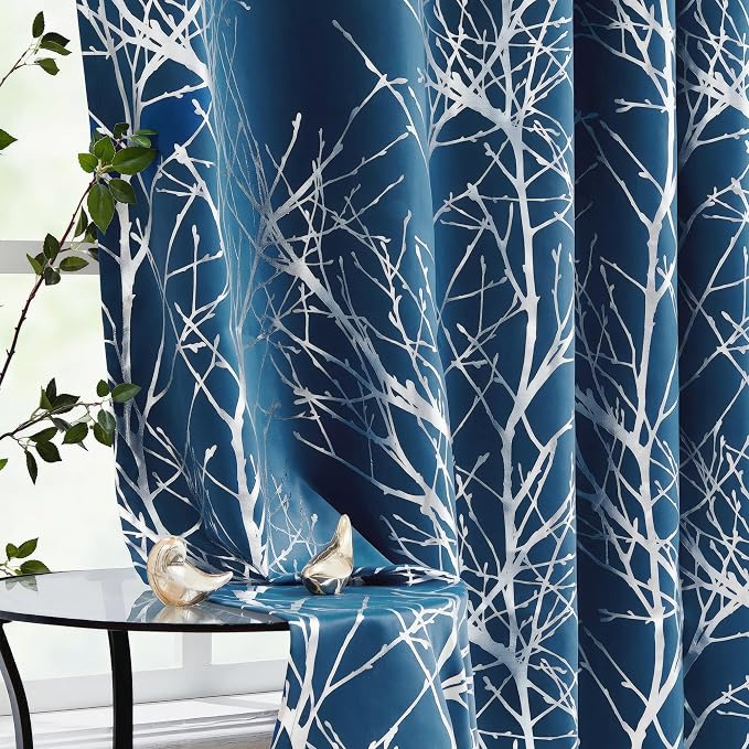 FMFUNCTEX 100% Blackout Navy Silver Foil Tree Curtains 96 Inch 2 Panels | by Fmfunctex
