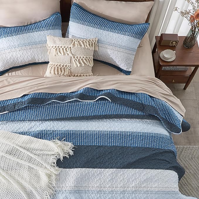 Queen Quilt Set Navy Blue, 3 Pieces Striped Bedspread | Ultra Soft Summer - Image 6