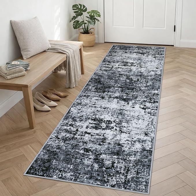 2.6x8 Washable Runner Rug：Modern Abstract Kitchen Carpet Black | - Image 2