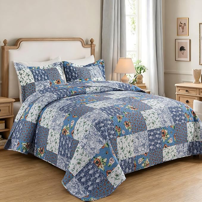 VAPUTAR Farmhouse King Size Quilt Set, Reversible Floral Bedspreads | - Image 2