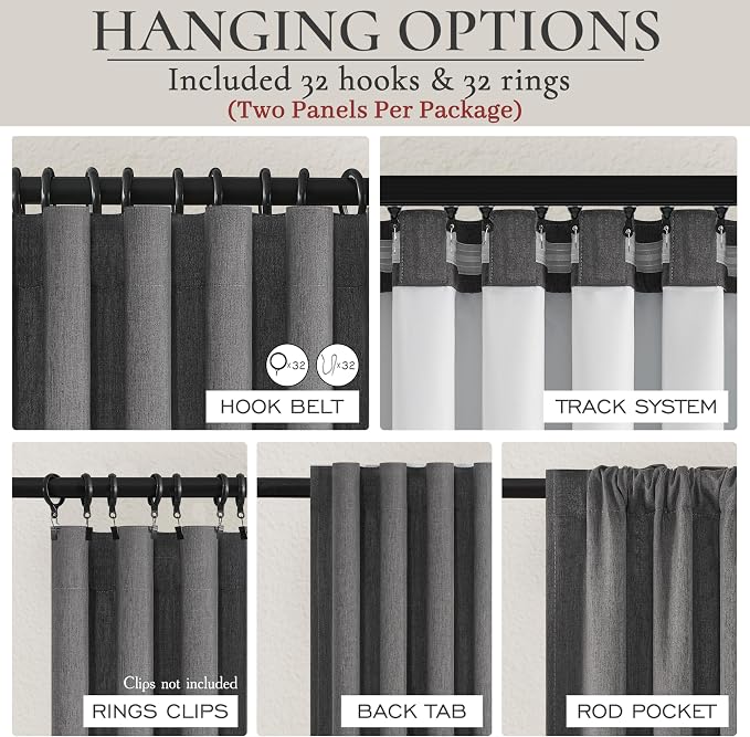 Dark Grey Linen Room Darkening Curtains 96 Inches Long 2 Panels Set - Image 4