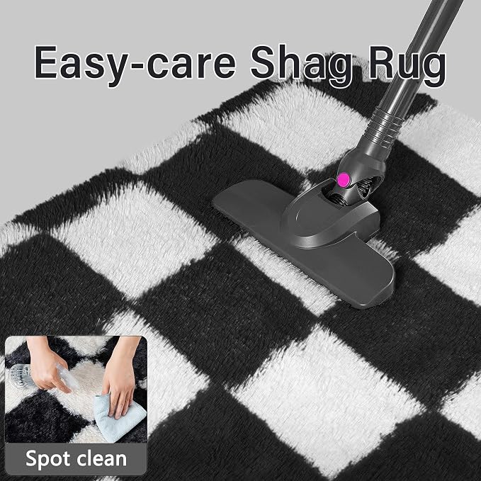 Checkered Rug 4x6 for Kids Room Black and White Soft Shag Rugs | Machine - Image 6