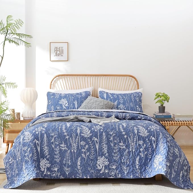 JANZAA Quilt King Size, Infinity Blue Bedspread Floral Bedding Set 3 Pieces | - Image 4