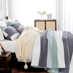 Queen Quilt Bedding Set Sage Green, 3 Pieces Striped Bedspreads | Patchwork - Image 2