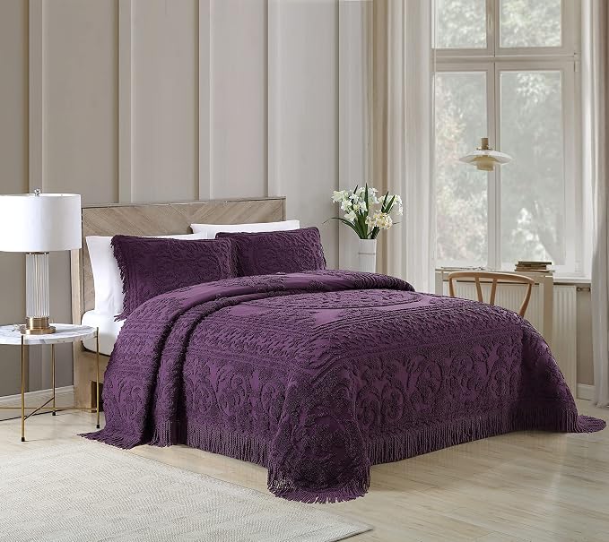 Beatrice Home Fashions Medallion King Cotton Chenille Sham, Eggplant | Vintage - Image 2