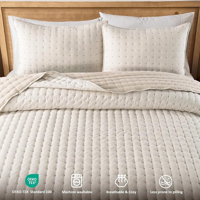 WDCOZY Beige Cloud Quilt Set Twin Size, Lightweight Soft Cross Stitch Bedspread - Image 4
