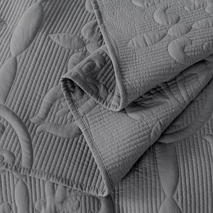 Dark Grey Damask Quilt Queen Size Bedding Sets - Image 6