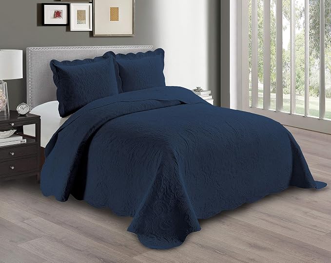 Linen Plus Embossed Coverlet Bedspread Set Oversized Solid Navy Blue by Linen+Plus