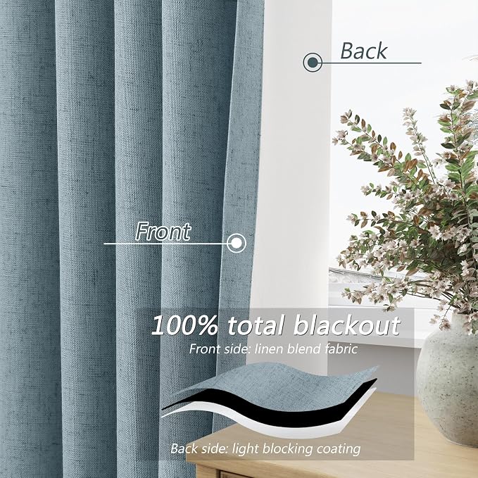 Blue 100% Blackout Linen Curtains 96 Inch Length 2 Panels Set - Image 3