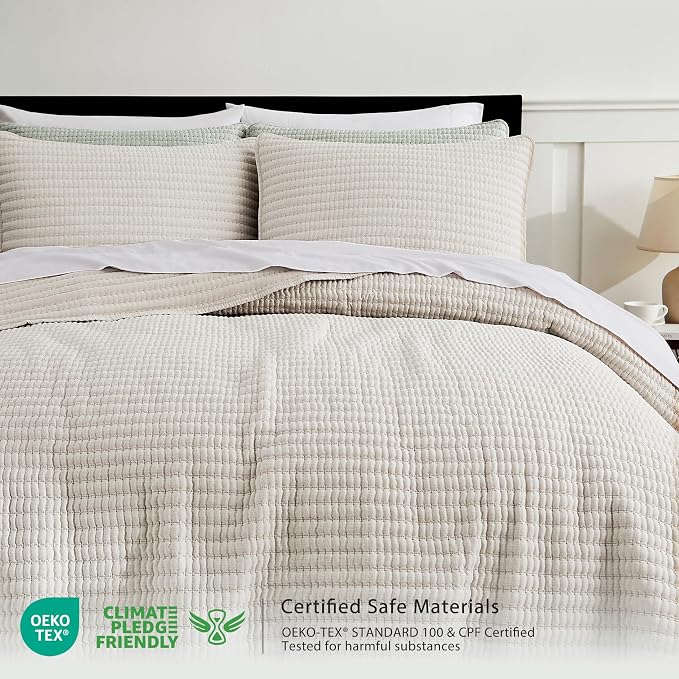 WDCOZY Beige Pick Stitch Twin Size Quilt Set, Striped Lightweight Soft Summer - Image 2