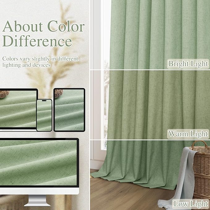 Light Sage 100% Blackout Linen Curtains 120 Inch Length 2 Panels Set - Image 7
