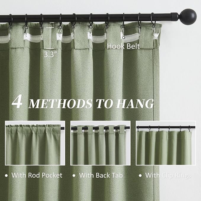 Blackout Linen Curtains 108 Inches Long, Back Tab Loop Pocket Hook Belt Long - Image 3