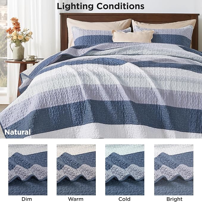 Queen Quilt Bedding Set Mineral Blue, 3 Pieces Striped Bedspreads | Patchwork - Image 9