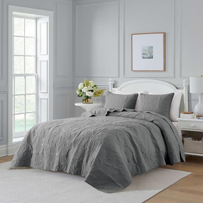 Dark Grey Damask Quilt Queen Size Bedding Sets - Image 2