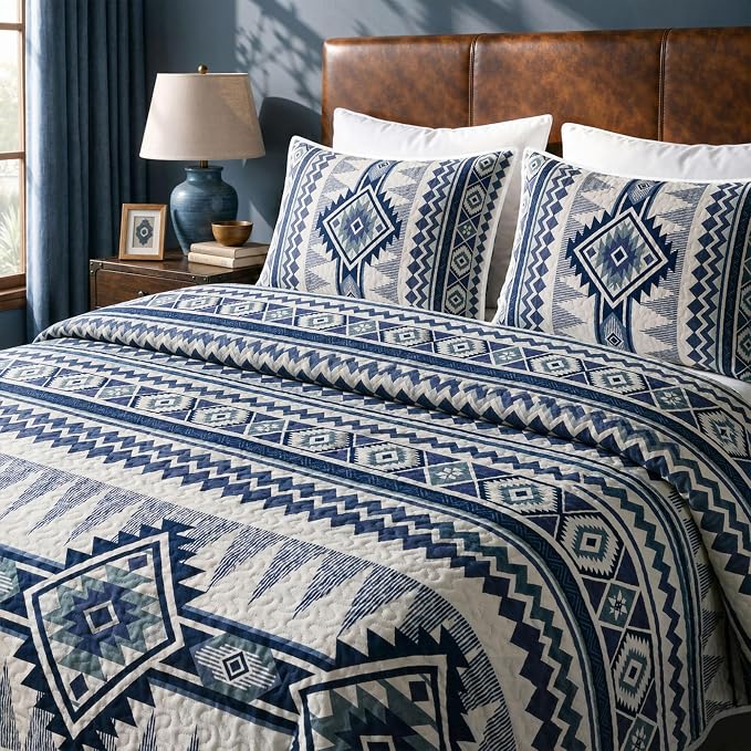 akkialla Reversible Blue Boho Twin Quilt Set, 2-Piece Bohemian Aztec Microfiber - Image 6