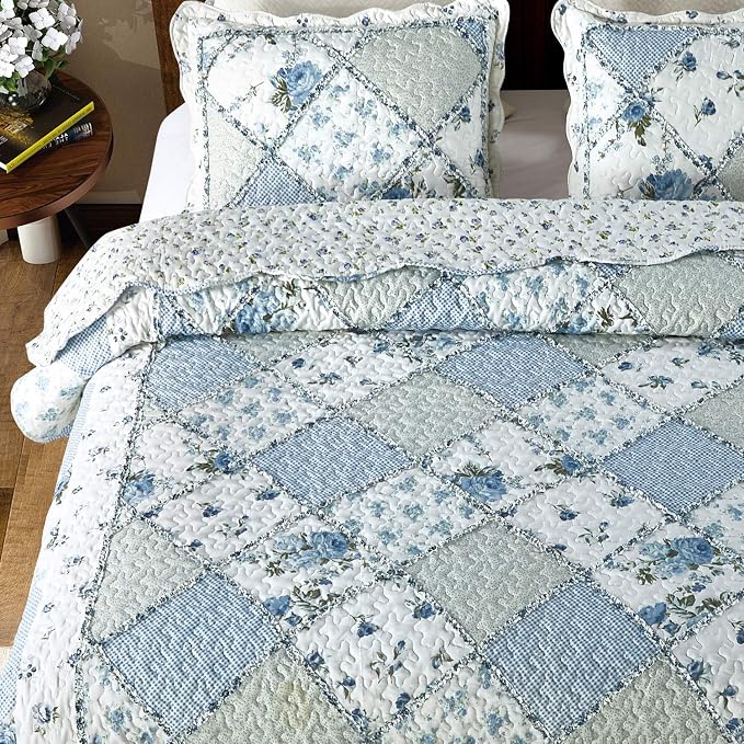 Oversized King Quilt Set Blue Floral Patchwork Alaska King Bedspreads Set | - Image 4
