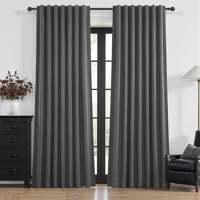Dark Grey Linen Room Darkening Curtains 96 Inches Long 2 Panels Set by QJMYDECO