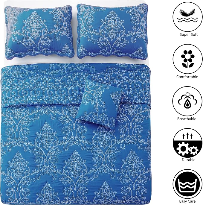 Home Soft Things Damask 4 Piece Bedspread Set, Scalloped Edge Reversible Quilt - Image 2